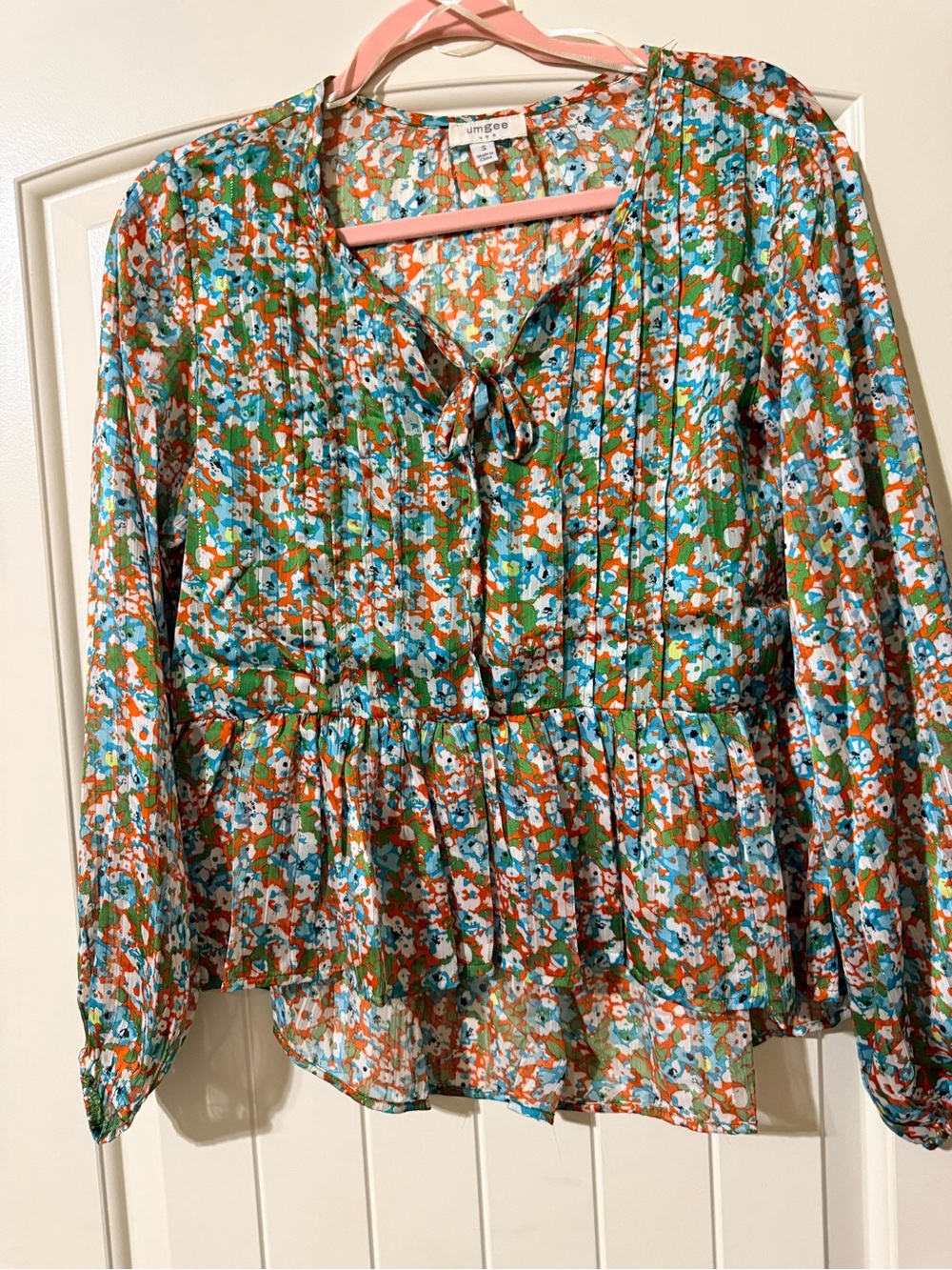 Umgee Floral Tie-Neck Peplum Blouse - Green Multi